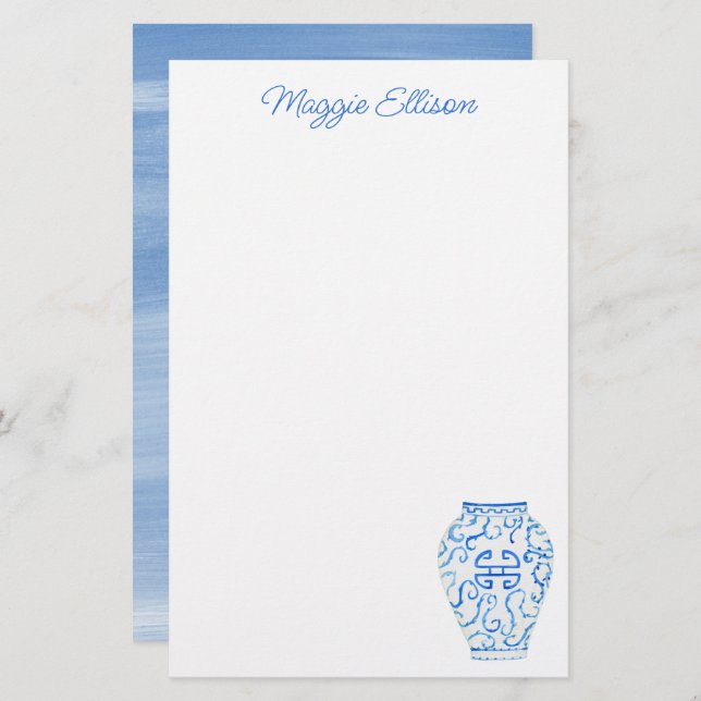 Chinoiserie Watercolor Ginger Vas Stationery Brevpapper (Fram/baksida)