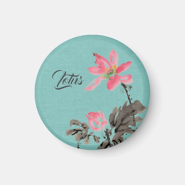 Chinoiserie Watercolor-målarfärg Blommigt Lotus Gr Magnet (Framsidan)