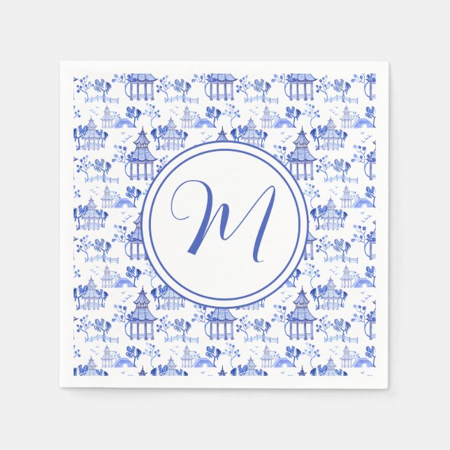 Chinoiserie Watercolor Pagoda Mönster Monogram Pappersservett (Framsidan)