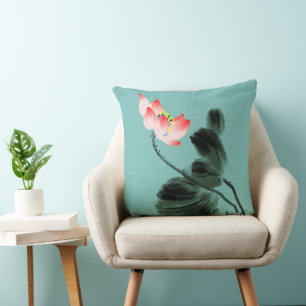 Chinoiserie Watercolor Painting Lotus Blommigt Kudde