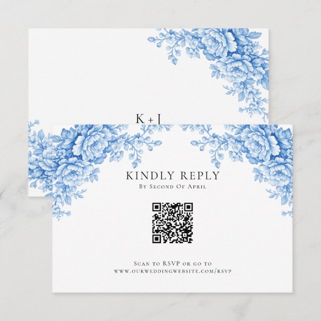 Chinoiserie Wedding Minimal Monogram RSVP QR Code OSA Kort (Fram/baksida)