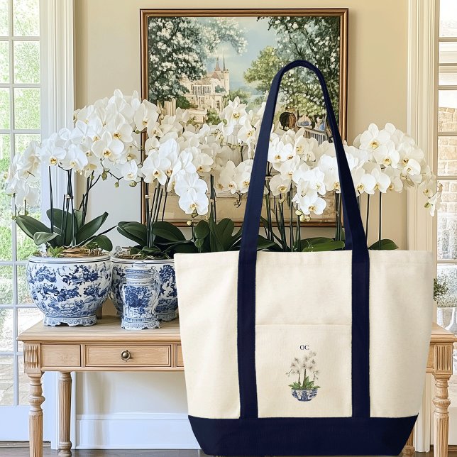 Chinoiserie White Orchid Contrast Trim Boat Tygkasse (White orchid chinoiserie contrast trim boat tote bag with custom initials or name)
