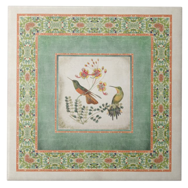 ChinoiserievintageHummingbirds n blommar korall Kakelplatta (Framsidan)