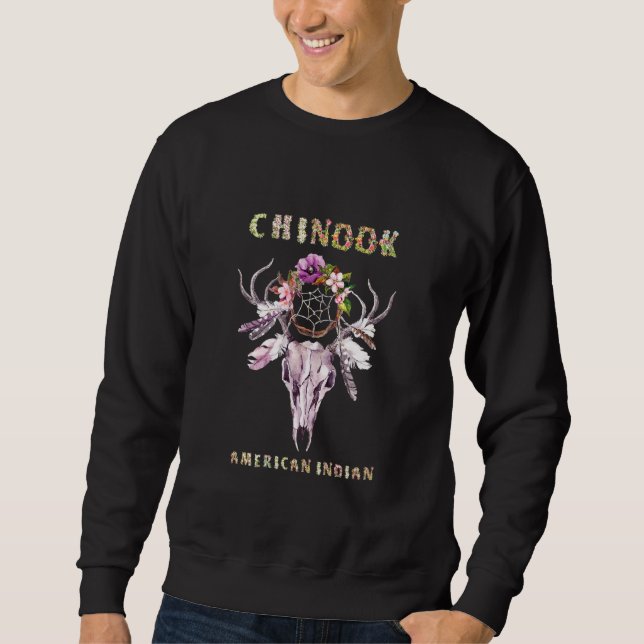 Chinook Indian Tribe Boho Blommigt Skull Re Lång Ärmad Tröja (Framsida)