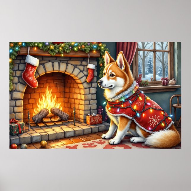 Chinook Sitting by Fireplace with Christmas Lights Poster (Framsidan)