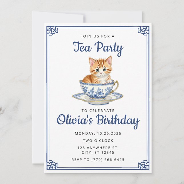 Chinoserie Kitten Watercolor Tea Party Birthday Inbjudningar (Framsida)