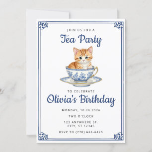 Chinoserie Kitten Watercolor Tea Party Birthday Inbjudningar