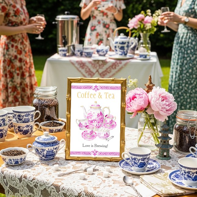 Chinosierie Rosa Kaffe & Te kärlek bryggs skylt Inbjudningar (Chinosierie Pink Coffee & Tea Love is Brewing Sign)