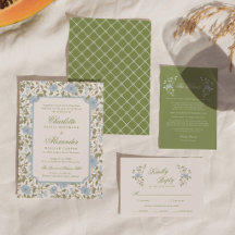 Chintz Blommig Sageblå Elegant Bröllopsinbjudan