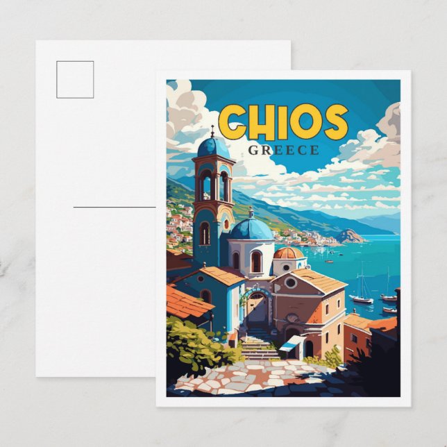Chios Greece vintage resor illustration Vykort (Fram/baksida)