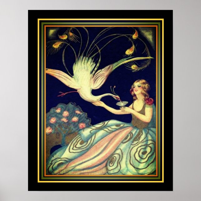 Chiostri Art Deco "Girl & Peacock" Skriv ut Poster (Framsidan)