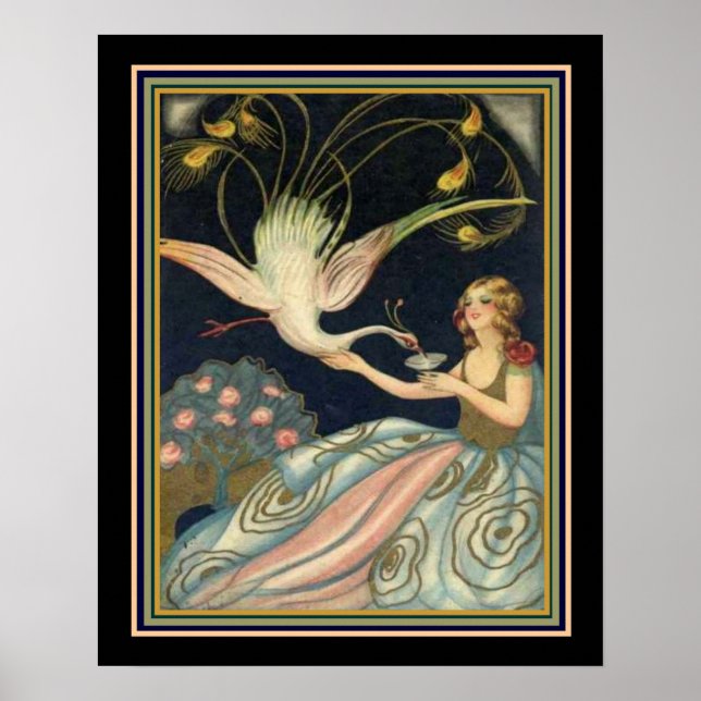 Chiostri Art Deco "Girl & Peacock" Skriv ut Poster (Framsidan)