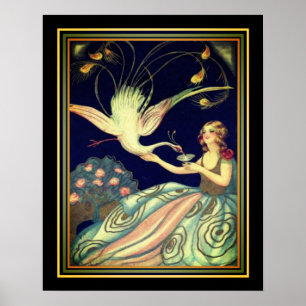 Chiostri Art Deco "Girl & Peacock" Skriv ut Poster