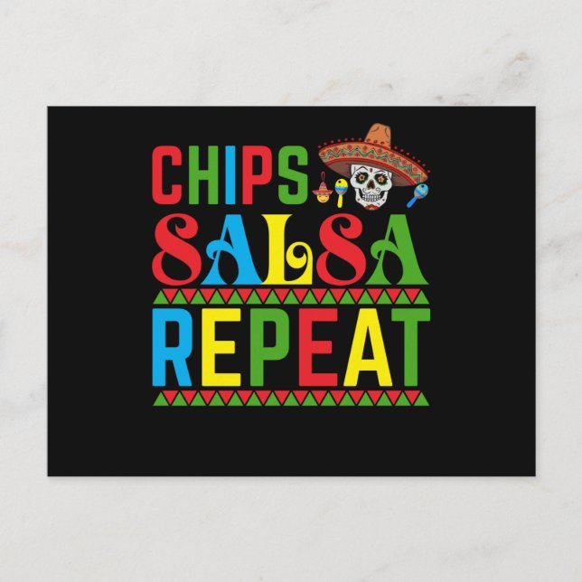 Chip Salsa Repeat - Funny Cinco De Mayo Mexiko Vykort (Framsida)