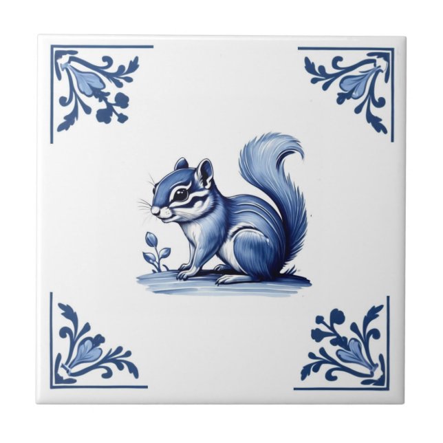 Chipmunk Delft Blue White Corners Woodland Animals Kakelplatta (Framsidan)