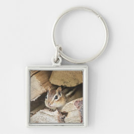 Chipmunk i en träpil fyrkantig silverfärgad nyckelring