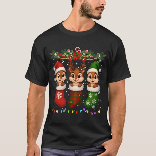 Chipmunk In Christmas Socks Lights Chipmunk Xmas L T Shirt (Framsida)