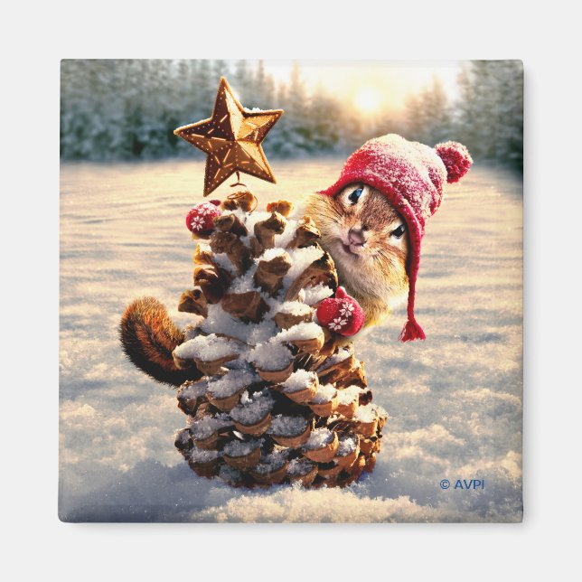 Chipmunk med Gräs Cone Träd Magnet (Framsidan)