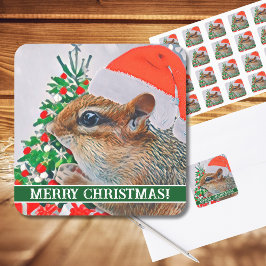 Chipmunk med julklapp framför Träd Fyrkantigt Klistermärke