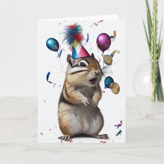 Chipmunk med Party Hat-mappat gratulationskort Tack Kort (Framsida)