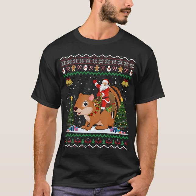 Chipmunk Ugly Julafton Gift Santa Riding Chipmunk T Shirt (Framsida)