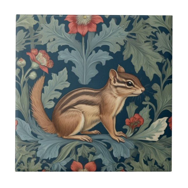 Chipmunk William Morris stil Höger Facing Leafy Kakelplatta (Framsidan)