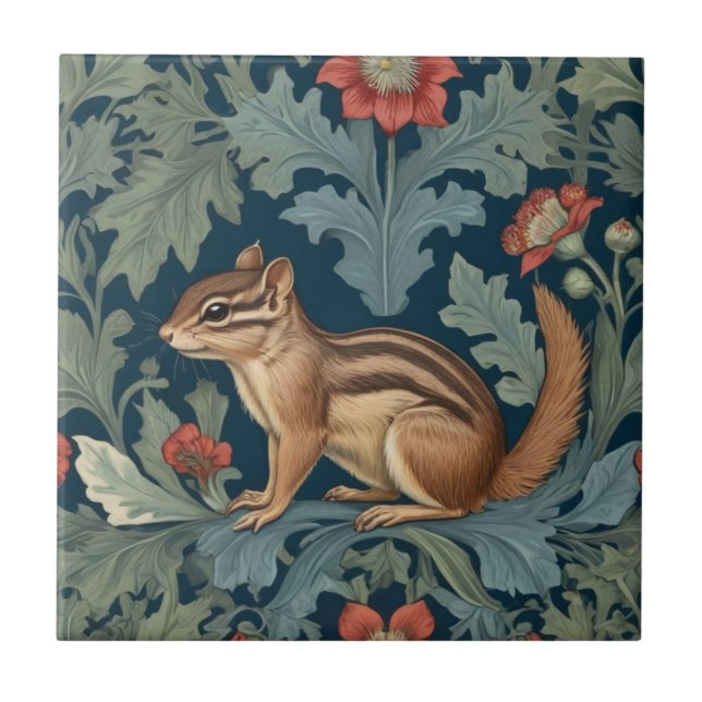 Chipmunk William Morris stil Lämnade Facing Leafy Kakelplatta (Framsidan)