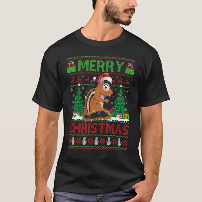 Chipmunk   Xmas Tree Light Ugly Santa Chipmunk Chr T Shirt (Framsida)