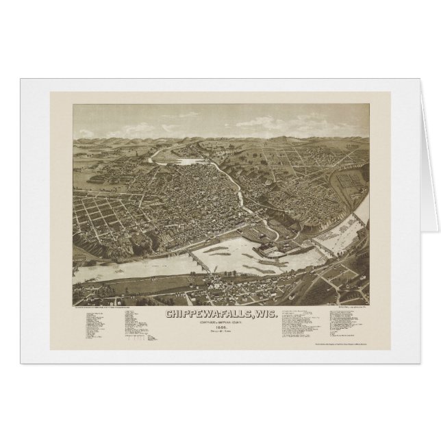 Chippewa Falls panorama- karta för WI - 1886 Hälsningskort (Framsidan Horizontal)