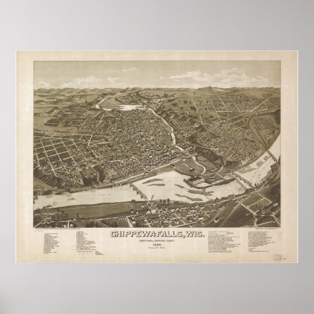 Chippewa Falls WI 1886 Antique Panoramic Karta Poster (Framsidan)
