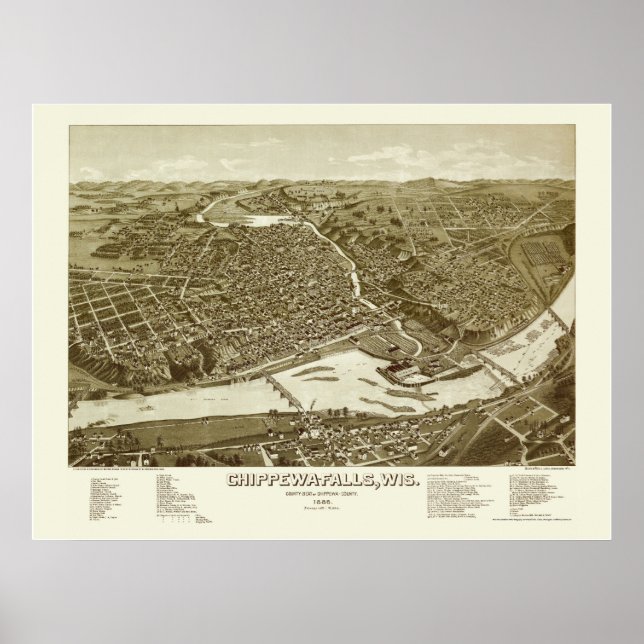 Chippewa Falls, WI Panoramic Karta - 1886 Poster (Framsidan)