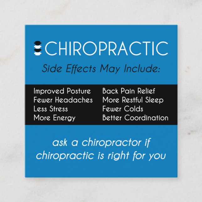 Chiropracticbiverkningmaj inkluderar kiropraktorn fyrkantigt visitkort (Framsida)