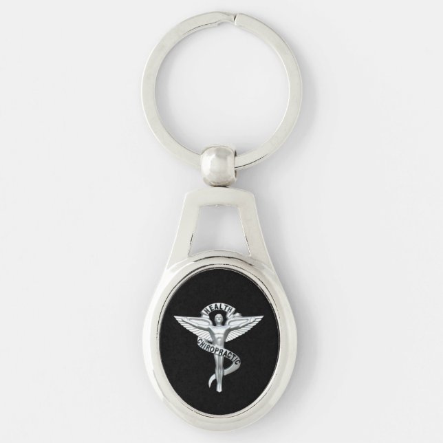 ChiropracticEmblemkiropraktor Keychain Ovalt Silverfärgad Nyckelring (Framsidan)