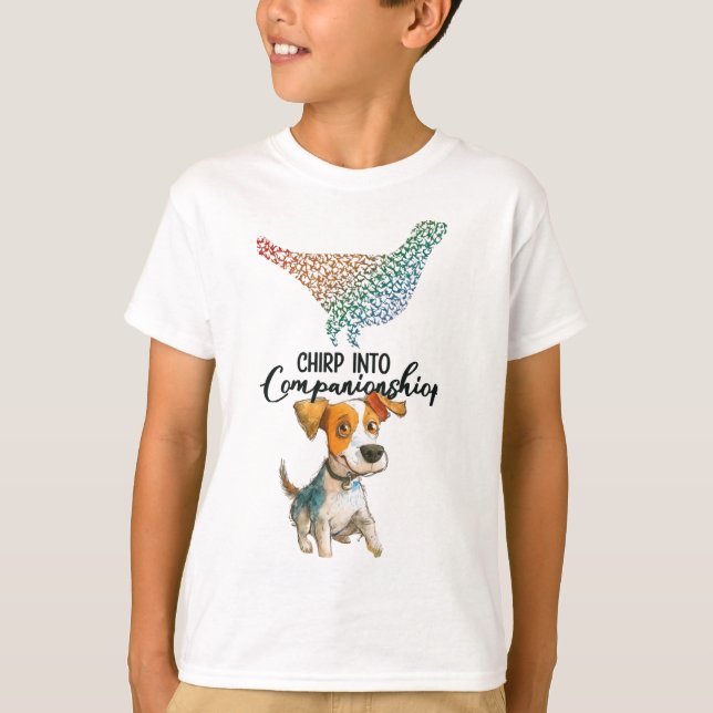 Chirp in i Assionship" Tecknad hund Watercolor T Shirt (Framsida)