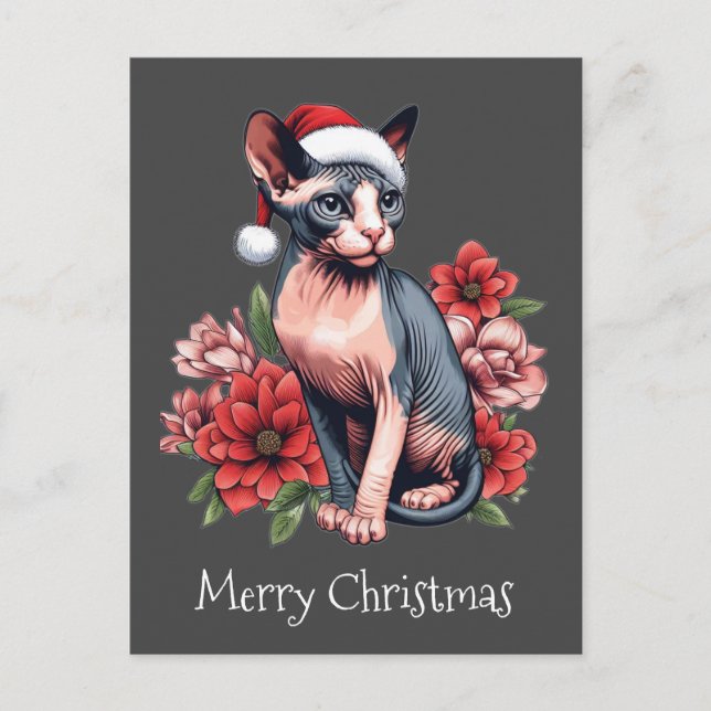 Chistmas-kort | Sphynx Cat Wearing a Santa Hat Vykort (Framsida)