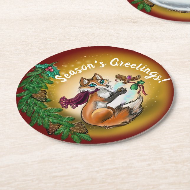 Chistmas presenting Fox Underlägg Papper Rund (Vinklad)