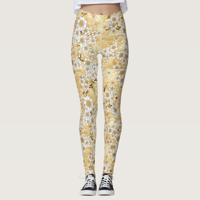 Chiyogami Plum Blommar Blommönster Leggings (Framsida)