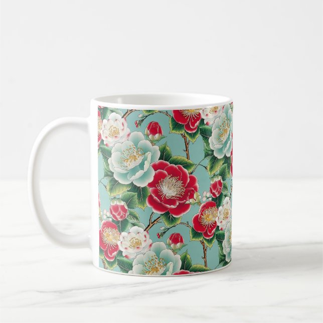 Chiyogami Red and White Camellia Blooms Kaffemugg (Vänster)
