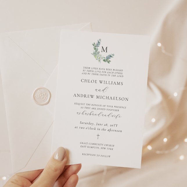 Chloe Simple Elegant Greenery Christian Bröllop in Inbjudningar (Christian wedding invitation with monogram and greenery)