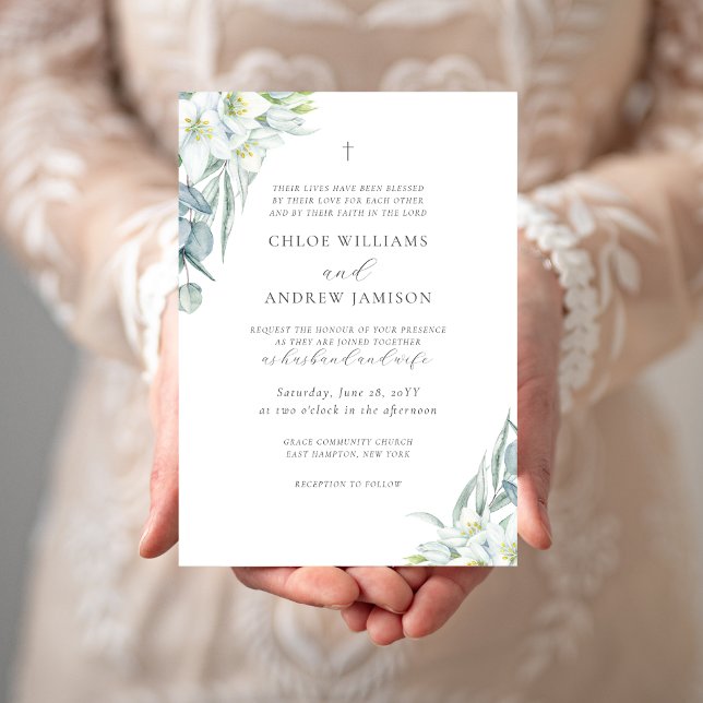 Chloe Simple Elegant Greenery Christian Bröllop Inbjudningar (Chloe Christian wedding invitation with white watercolor flowers and greenery)