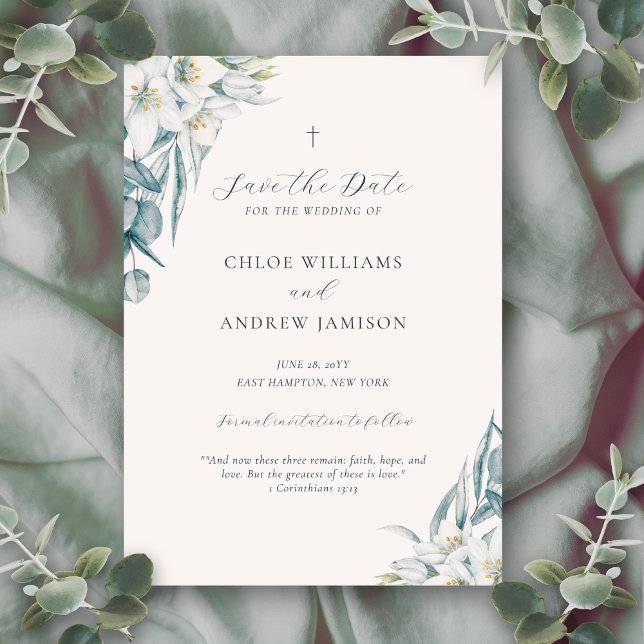 Chloe Simple Elegant Greenery Christian Bröllop Spara Datumet (This Christian save the date wedding invitation features an elegant, minimalist, clean design)