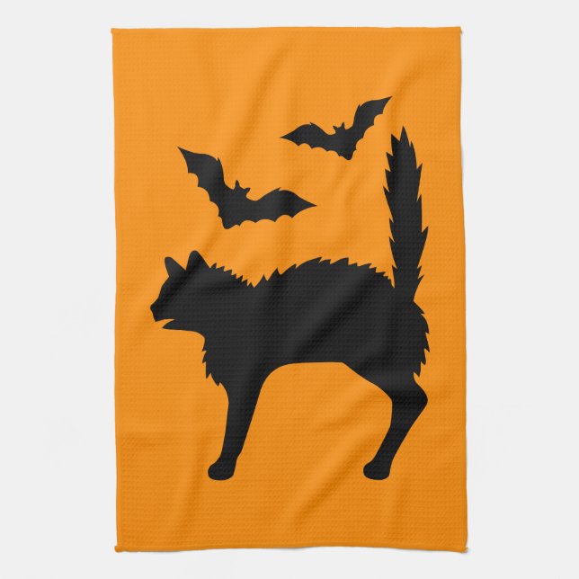 Chockad Halloween-katt och fladdermöss i silhuett  Kökshandduk (Vertikal)