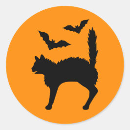 Chockad Halloween-katt och fladdermöss i silhuett  Runt Klistermärke