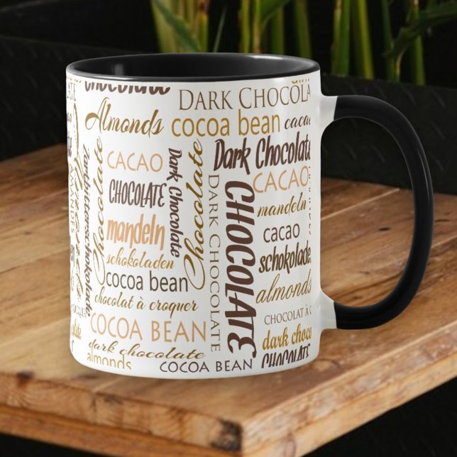 Chocolate Älskare flerspråkig typography Collage Mugg (Choose combo mug handle and inside color)