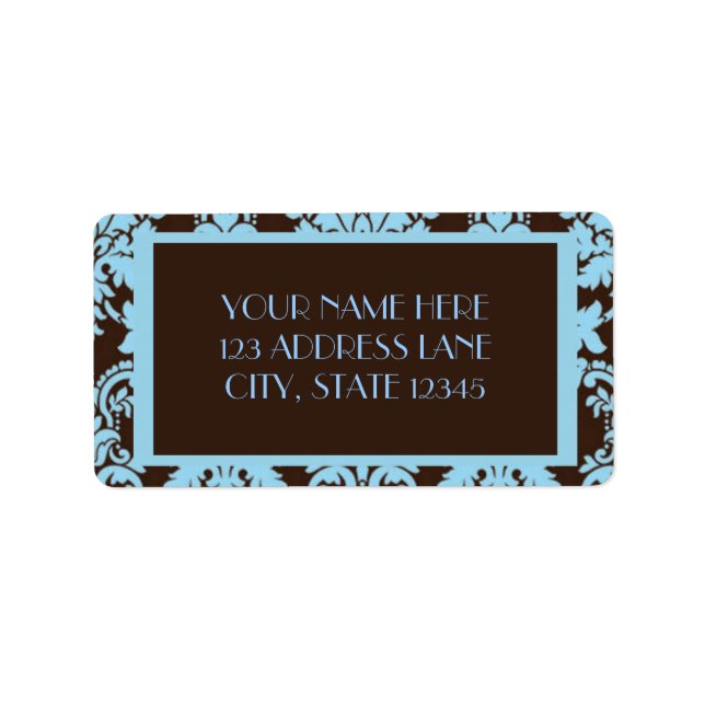 Chocolate Blue Damask Adressetikett (Framsidan)