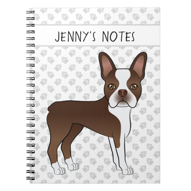 Chocolate Boston Terrier Cute Tecknad hund & Text Anteckningsbok (Framsidan)