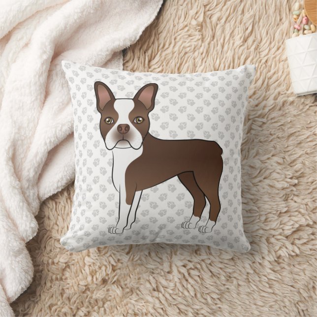Chocolate Boston Terrier Tecknad hund Illustration Kudde (Filt)