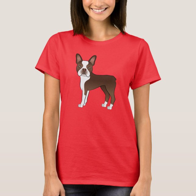 Chocolate Boston Terrier Tecknad hund Illustration T Shirt (Framsida)