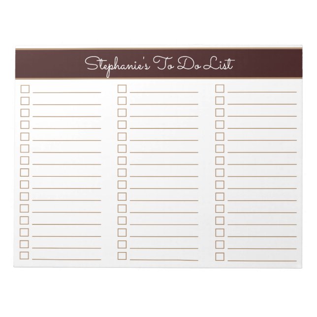 Chocolate Brown 8.5x11 Three Column Checklist Anteckningsblock (Framsida)