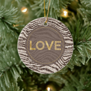Chocolate Brown Cream Zebra Glitter Kärlek Julgransprydnad Keramik